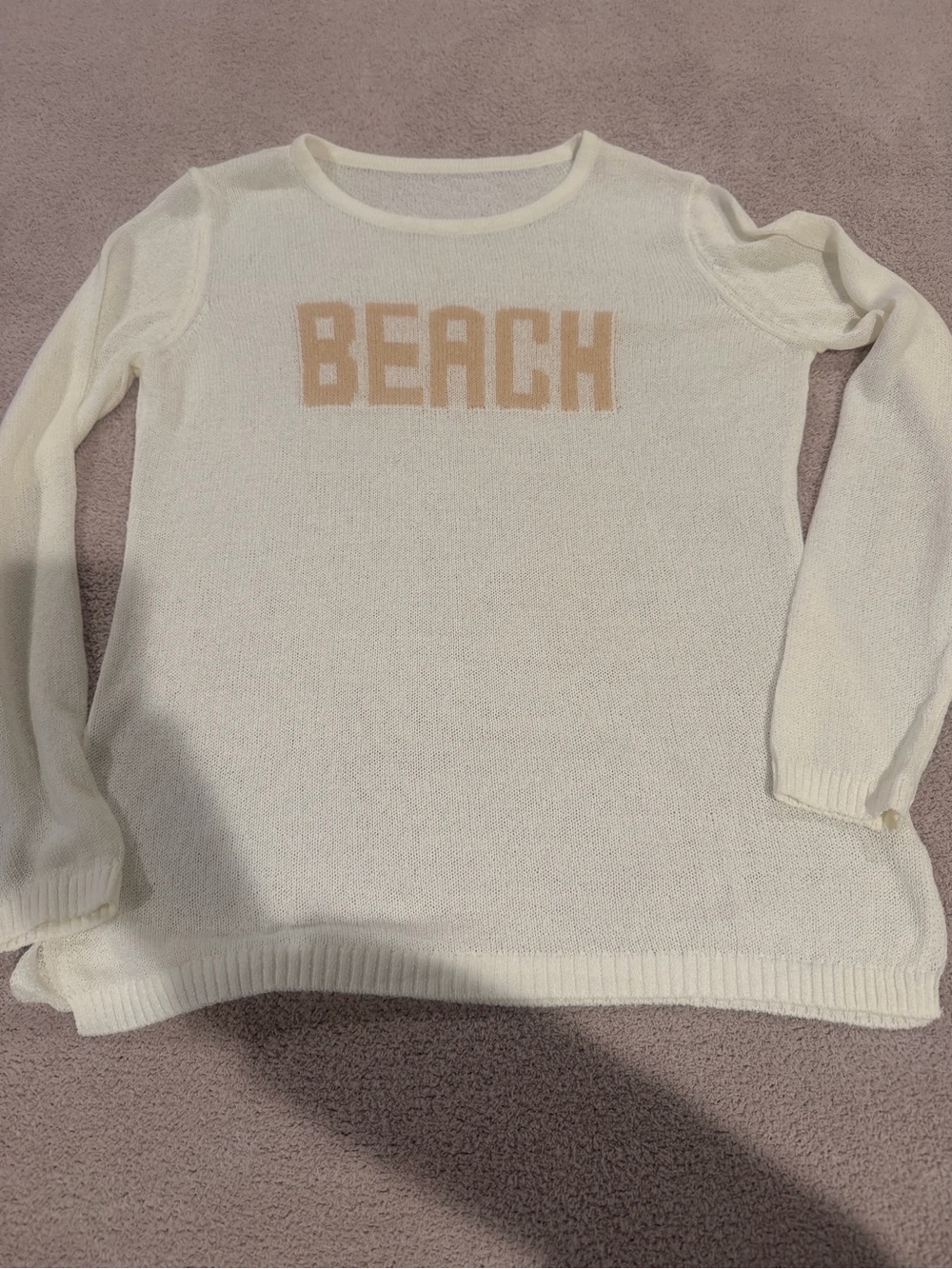 Amazon Cream Knit Crewneck Sweater with Tan 'BEACH' Lettering